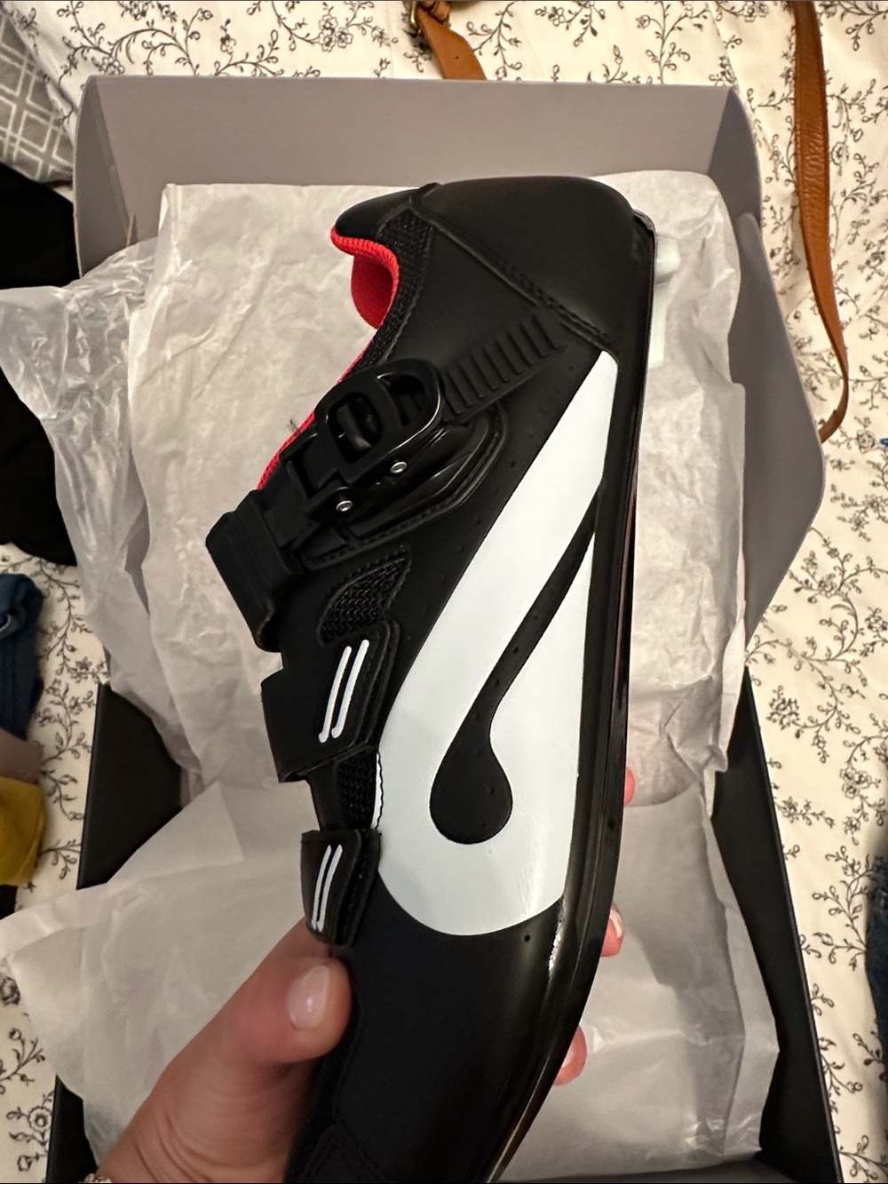 Peloton Black White Cycling Shoe with Red Lining
